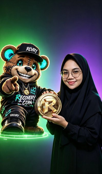 A woman wearing a black hijab and glasses stands next to a teddy bear mascot wearing a 'RCVRY' cap and 'Recovery Coin' shirt, both holding a gold coin with an 'R' logo.