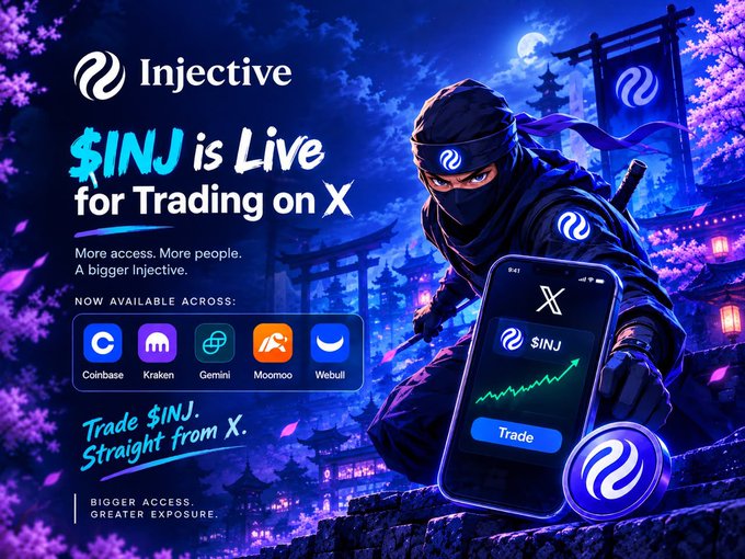 A promotional advertisement for Injective announcing that the $INJ token is live for trading on platform X, listing availability on Coinbase, Kraken, Gemini, Moomoo, and Webull, alongside a ninja-themed graphic and a phone showing a trading chart.