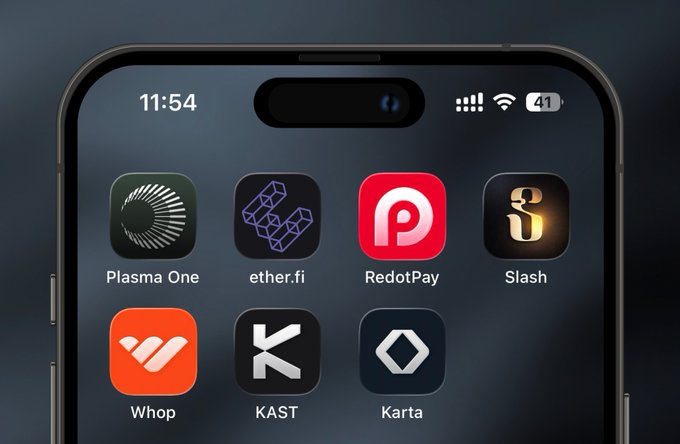 The image shows a close-up view of an iPhone screen displaying various app icons including "Plasma One", "EtherFi", "RedotPay", "Slash", "Whop", "KAST" and " Karta". The apps are arranged in a row, with the largest one being "KAST" followed by "Whop" and then "KARTA". The image also contains text that reads: "Only 7 onchain neobanks hit a new weekly ATH in volume last week Plasma One, EtherFi, RedotPay, Slash, Whop, KAST and Karta". This suggests that the apps displayed are related to payments or financial services.