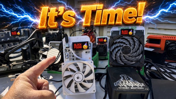 A YouTube thumbnail with dramatic text 'It's Time!' over lightning effects, showing various PC cooling fans labeled 'BLOCK FOUND' with a hand pointing.