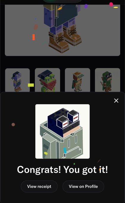 A mobile game screenshot showing a 'Congrats! You got it!' message with an isometric voxel character wearing glasses and a cap, along with options to 'View receipt' or 'View on Profile'.