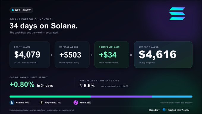 A dark-themed 'DEFI SHOW' dashboard displays a Solana investment portfolio overview, showing a start value of $4,079, capital added of $503, a portfolio gain of +$34, and a current value of $4,616, resulting in +0.80% over 34 days.