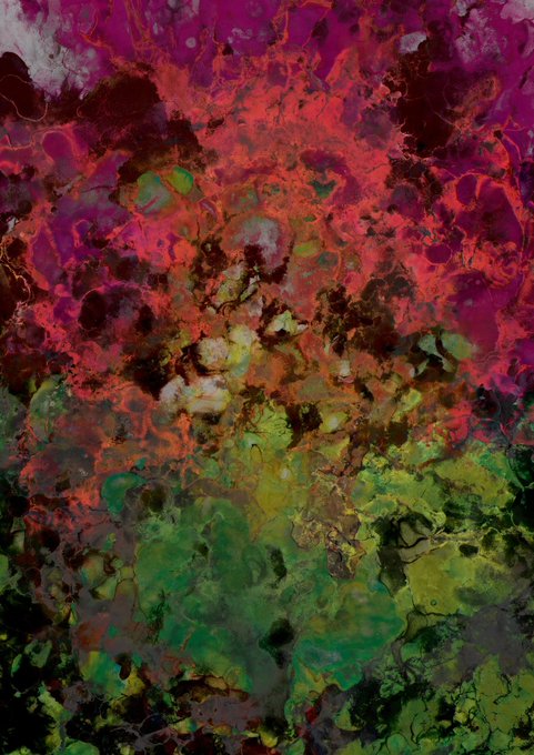 An abstract painting featuring a vibrant chaotic mix of red, magenta, green, and black swirling patterns resembling a fluid or marbled texture.