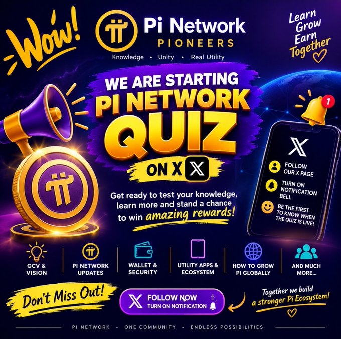 A promotional graphic announcing the start of the 'PI NETWORK QUIZ ON X' with the Pi Network Pioneers logo, featuring rewards and topics like GCV & Vision, Wallet & Security, and How to Grow Pi Globally.