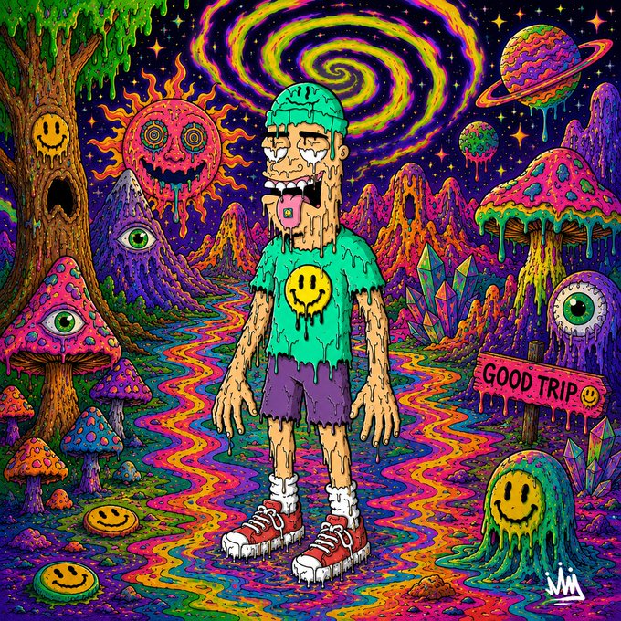 A vibrant, psychedelic illustration depicts a cartoonish figure with a cracked head and drooling tongue wearing a green smiley-face t-shirt, standing in a trippy landscape of melting mushrooms, swirling skies, and watching eyes, with a sign reading 'GOOD TRIP'.