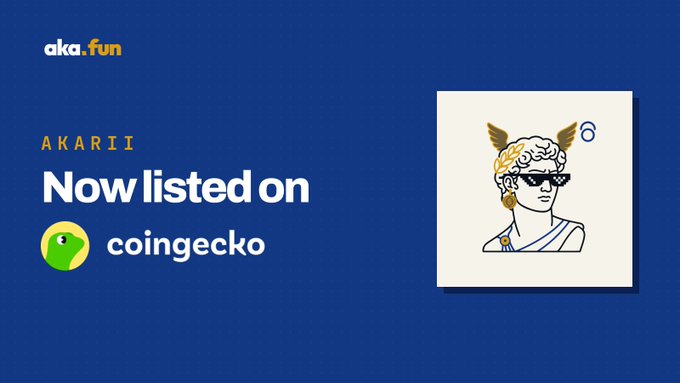 A promotional image featuring the aka.fun logo with the text "AKARII Now listed on coingecko" alongside the CoinGecko gecko logo. On the right, a stylized illustration shows a Greek/Roman-style bust wearing sunglasses with "aka" visible on the forehead and a "6" in the upper corner, all set against a navy blue background.