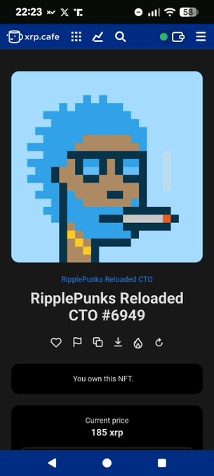 A mobile phone screenshot of the xrp.cafe NFT marketplace displaying a pixel art NFT titled "RipplePunks Reloaded CTO #6949" featuring a blue-haired character with glasses, listed at a current price of 185 xrp.