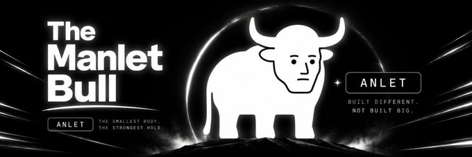 A stylized black and white banner featuring a muscular bull character for the $ANLET meme coin, with bold text reading "The Manlet Bull" alongside the tagline "The Smallest Body, The Strongest Hold" and the branding "ANLET — Built Different, Not Built Big." The design leans into meme culture humor by juxtaposing a compact, cartoonish bull with strongman-style grandeur, visually reinforcing the community-added branding on Moby.