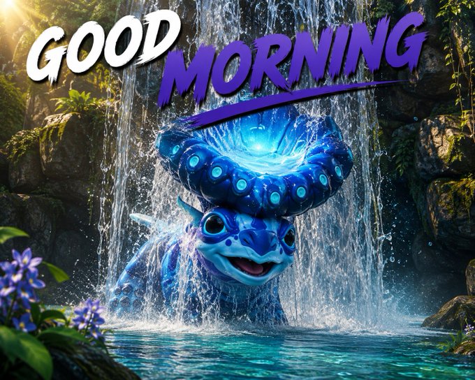 A vibrant, animated blue creature with glowing cyan accents emerges from a tropical waterfall surrounded by lush greenery, with the bold text "GOOD MORNING" displayed prominently across the top, tying directly to the @illuviumio greeting.