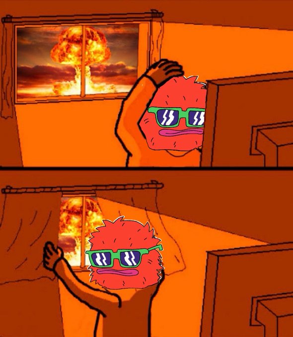 Two-panel cartoon showing a red, fuzzy character with sunglasses pulling down a window blind to watch a large mushroom cloud explosion outside.