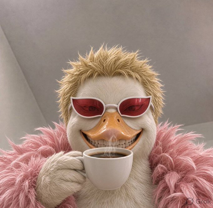 An AI-generated duck character wearing red sunglasses, a pink feather boa, and spiky blonde hair holds a steaming cup of coffee. The "Grok" watermark appears in the corner, and the image's early-morning coffee theme pairs perfectly with the "Good morning diamond hands" greeting aimed at crypto investors.