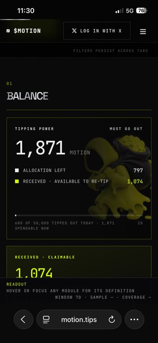 A mobile screenshot of a '$MOTION' app showing a balance with 1,871 tipping power and 1,074 received claimable tokens.