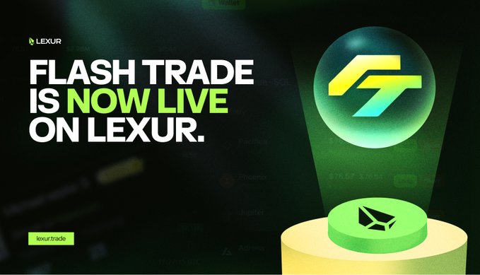 "Flash Trade is Now Live on Lexur" is displayed prominently, with the @FlashTrade logo shown on a pedestal. This image visually announces the integration of Flash Trade with Lexur's platform, as described in the accompanying post.