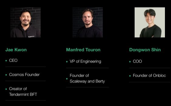 A slide showing three team members: Jae Kwon (CEO, Cosmos Founder, Creator of Tendermint BFT), Manfred Touron (VP of Engineering, Founder of Scaleway and Berty), and Dongwon Shin (COO, Founder of Onbloc).