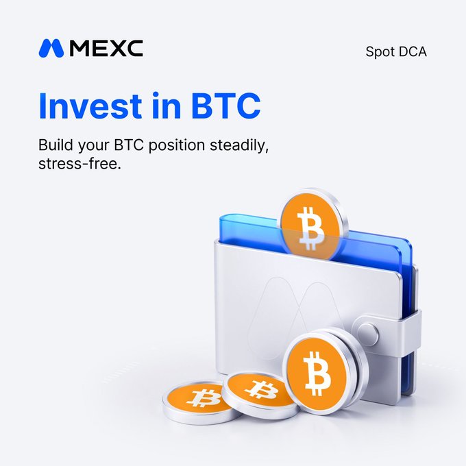 A MEXC Spot DCA promotional graphic featuring the headline "Invest in BTC" alongside a 3D render of a white wallet filled with blue cards and orange Bitcoin (₿) coins spilling out, with the tagline "Build your BTC position steadily, stress-free." The imagery visually reinforces the post's message of automated, emotion-free Bitcoin accumulation through dollar-cost averaging, using the wallet symbolizing steady asset-building and BTC coins representing the target investment.