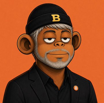 A weary-looking cartoon monkey with gray hair and beard wears a black "B" beanie and dark blazer featuring a Bitcoin logo pin, set against a bold orange background. The image reinforces the post's message by visually personifying the "late to the whitelist" regret theme through the monkey's tired, knowing expression.