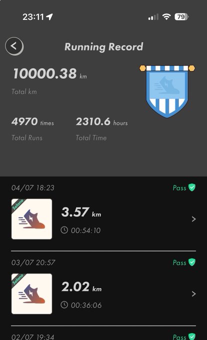 A "Running Record" app screen showing a total of 10000.38 km across 4970 runs and 2310.6 hours, with recent runs of 3.57 km and 2.02 km logged.