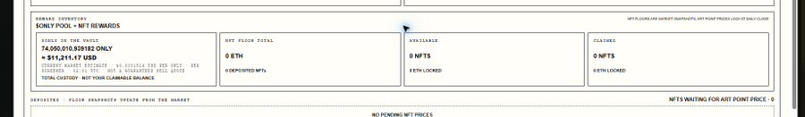 A dashboard displaying NFT rewards inventory showing only 74,000,010.939182 NFT pool tokens ($14,214.17 USD) with 0 NFTs available or claimed.