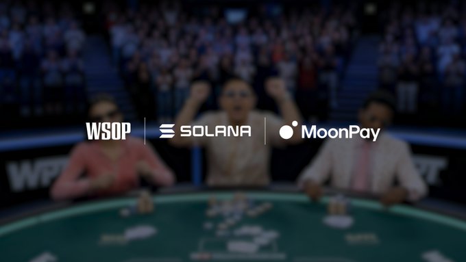 A blurred poker tournament scene shows players at a green felt table with a large crowd in the background, overlaid with logos reading "WSOP | SOLANA | MoonPay," illustrating the newly launched partnership that has already enabled $22.8 million in crypto tournament buy-ins within 40 days.