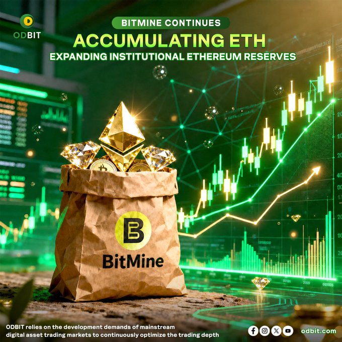 A paper bag branded with the "BitMine" logo is filled with gold Ethereum coins and gems, set against a backdrop of green candlestick charts showing an upward price trend, accompanied by the text "BITMINE CONTINUES ACCUMULATING ETH - EXPANDING INSTITUTIONAL ETHEREUM RESERVES." The visual reinforces the post's message about Bitmine expanding its institutional Ethereum reserves amid rising market trends tracked by ODBIT.