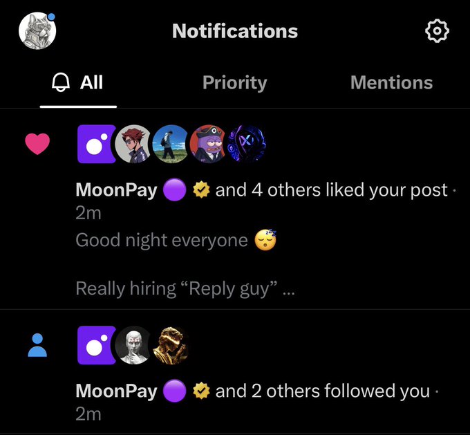 Twitter/X notifications screen showing that MoonPay and 4 others liked a post reading 'Good night everyone 😴' with a follow-up post about hiring a 'Reply guy'.
