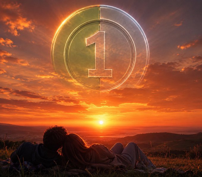 A couple lies on a grassy hill watching a vivid orange sunset, with a glowing coin displaying the number "1" floating in the sky.
