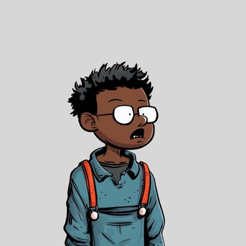 A cartoon-style illustration of a young Black character with short spiky black hair and round glasses, wearing a teal shirt with orange suspenders, looking off to the side with a surprised or concerned expression—appearing as a digital art avatar reveal for the @digital_slops project.