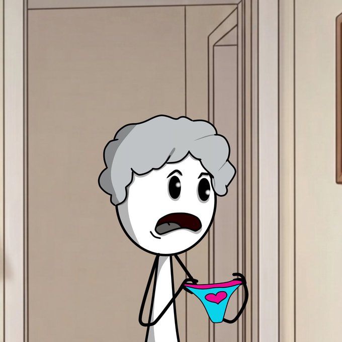 A simple cartoon stick-figure character with curly grey hair looking distressed while holding up a pair of teal underwear with a pink heart and pink waistband.