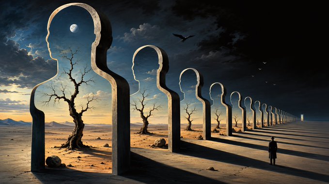 A surreal nighttime scene depicts a row of hollow human-shaped sculptures stretching into the distance across a barren landscape, each framing a solitary barren tree within its silhouette, while a lone cloaked figure gazes toward a distant glowing door under a moonlit sky. The artwork, titled "Serenity #286 - Empty People," visually echoes its post through the empty, contemplative human forms symbolizing isolation and inner stillness.