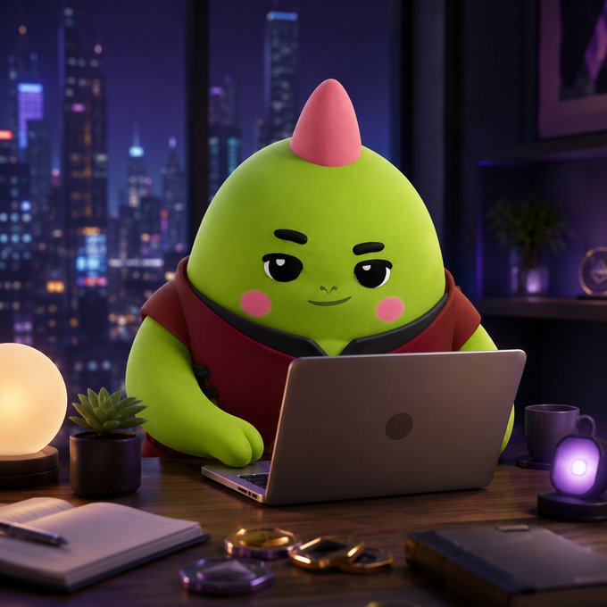 The image features a green monster sitting at a desk with a laptop computer open in front of him, surrounded by various items such as a pen, a cup, a book, and a plant. The scene takes place in an office setting, which is indicated by the presence of potted plants and other objects typically found in workspaces. The focus on the monster's face and its expression suggests that it might be a character from a cartoon or animated movie, possibly representing a character with a unique appearance or personality trait.