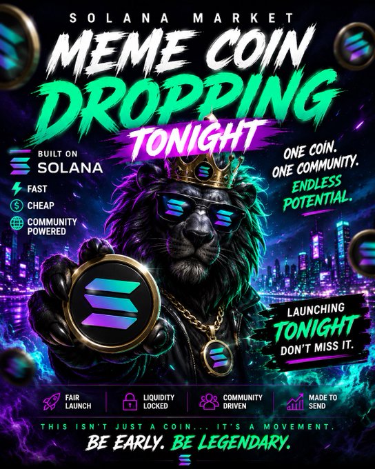 A promotional poster for a Solana-based meme coin drop, featuring a lion wearing a crown and sunglasses, with text reading 'MEME COIN DROPPING TONIGHT', 'LAUNCHING TONIGHT DON'T MISS IT', and 'BE EARLY. BE LEGENDARY.'