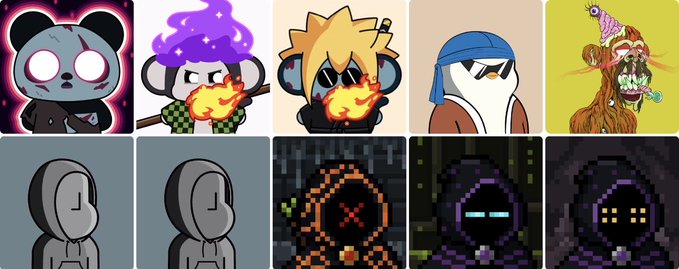 A grid of ten distinct NFT-style cartoon and pixel art characters, featuring creatures like a panda, a wizard, and a giant ape, plus various hooded figures.