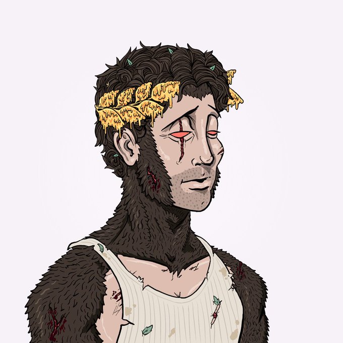 An illustration of a furry, ape-like character wearing a gold laurel wreath, featuring red markings on the face and body that suggest battle or intensity. The image visually represents the "APES ON TOP" sentiment from the accompanying post, celebrating the DeGods NFT community.