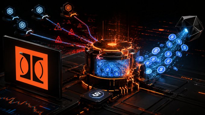 A futuristic cryptocurrency mining visualization featuring a glowing central processor with blue dollar sign tokens flowing out, alongside a monitor displaying an orange logo.