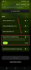 A mobile app interface, possibly a crypto wallet or token tool, showing a checklist with items like 'Follow @clanktrade on X' (highlighted by a red arrow) and 'Deposit $10 to Wallet', along with a '15,495 USDT' balance at the top.