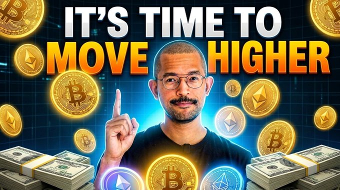 Crypto YouTube-style thumbnail showing a man pointing upward surrounded by Bitcoin, Ethereum, and cash graphics with the text 'IT'S TIME TO MOVE HIGHER'.