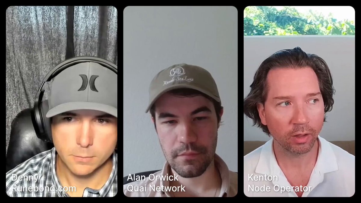 The image shows three men wearing headphones with their faces displayed on a poster or screen behind them. Each man has a different hat on his head, which adds variety to the scene. The caption below the image reads "Why Quai if Solana, Bitcoin, and Ethereum exist?". This suggests that the image is related to an event or discussion about cryptocurrency, specifically Bitcoin and Ethereum, as indicated by the men's hats and the presence of a poster or screen with their faces on it.