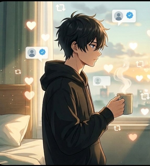 A young man in a black hoodie stands by a window at dawn, holding a steaming mug while heart and notification icons float around him. The image evokes a contemplative morning moment, visually representing the post's theme of starting a new day with AI-driven innovation in blockchain technology through @CNPYNetwork.