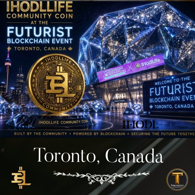 A promotional graphic for the IHodlLife Community Coin ($IHODL) at the Futurist Blockchain Event in Toronto, Canada, featuring a gold $IHODL coin alongside a futuristic venue with "Welcome to the Futurist Blockchain Event" signage and the IHodlLife partnership logo. The image supports the announcement of $IHODL's booth presence July 21-22, highlighting the chance to win $250 in $IHODL and the discount code IHODLLIFE26 for 25% off tickets.
