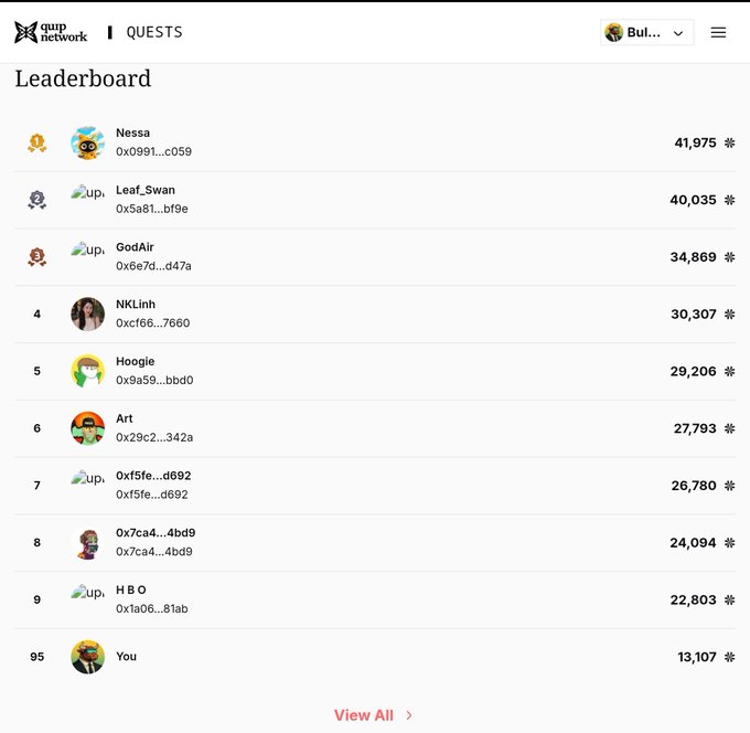 A leaderboard for Quack Network quests, showing top users like Nessa with 41,975 points at #1 and the user 'You' ranked 95th with 13,107 points.