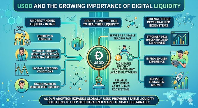 The image shows a flowchart depicting the growth of digital liquid assets with USDD at its center. The flowchart illustrates that USDD plays an essential role in maintaining global financial stability, as it ensures healthy liquidity for users by providing a platform where cryptocurrencies can be easily bought and sold without slippage or slow execution due to poor market conditions.