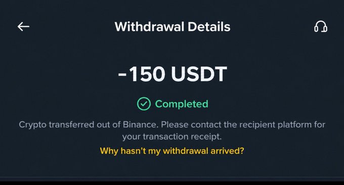 A screenshot of a Binance withdrawal confirmation screen showing a completed transfer of -150 USDT, likely demonstrating that the user has sent the promised $150 crypto giveaway to recipients.