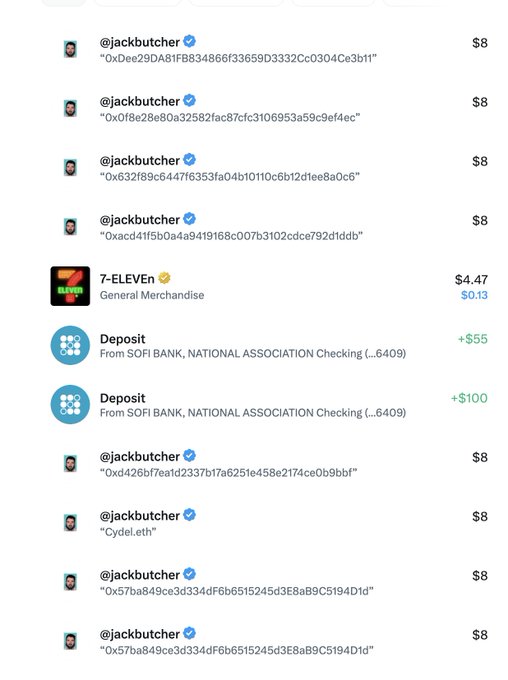 A transaction history shows multiple $8 transactions from @jackbutcher with various meme-related wallet addresses, along with two deposits of +$55 and +$100 from SOFI Bank, reflecting the creator fulfilling crypto "burn" requests by sending payments to followers as part of a giveaway initiative.