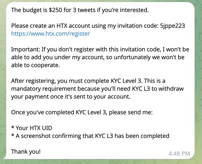 This image shows a message offering $250 for 3 tweets, requiring users to create an HTX account with invitation code 5jppe223 and complete KYC Level 3. The accompanying post, "Anyone else spot something wrong here?", implies suspicion regarding this transaction, likely due to the personal information required for KYC.