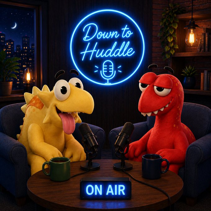 Two cartoonish dinosaur-like creatures host a podcast called "Down to Huddle" in a neon-lit studio, with an "ON AIR" sign and two microphones on the table.