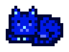 A pixel art sprite of a blue, rounded creature with light blue accents.
