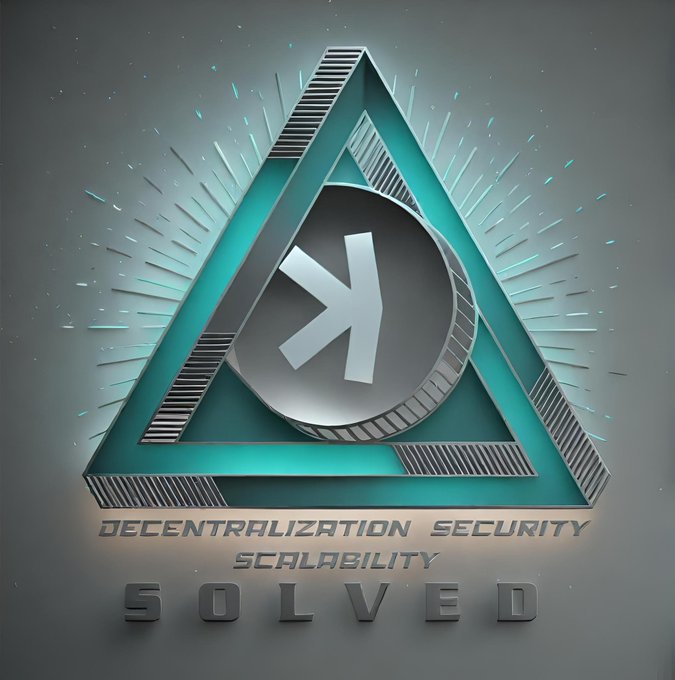 A stylized 3D graphic shows a teal triangle containing a circular symbol with an arrow, captioned 'DECENTRALIZATION SECURITY SCALABILITY SOLVED'.