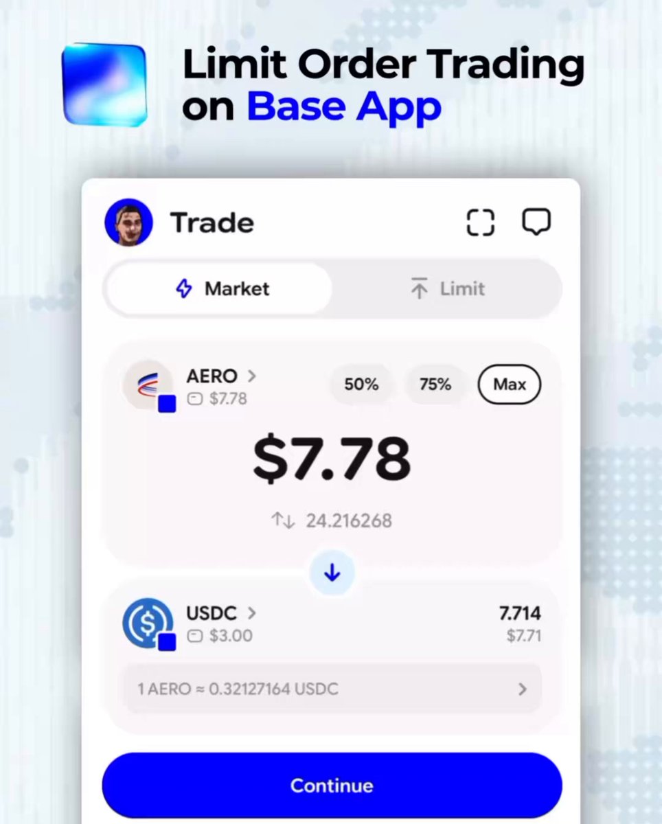 The image features a trading app with a white background displaying an ordered cryptocurrency limit order placed for $7.78 worth of Etherum. The app also includes several buttons, such as "Trade", "Limit Order", and "Close". A post on Base App is being discussed where it says to "Switch to Trade" mode and set the triggered price: expiry, so you can enjoy free network fee with the platform, which may include a "Continuous" button.