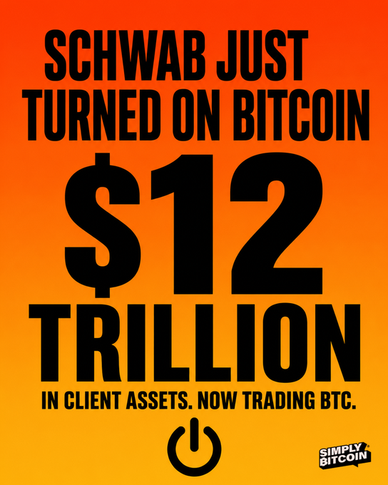 A bold orange and yellow graphic proclaims "SCHWAB JUST TURNED ON BITCOIN" with "$12 TRILLION IN CLIENT ASSETS. NOW TRADING BTC." and a "Simply Bitcoin" logo at the bottom.