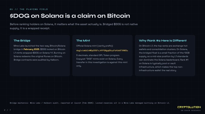 A Cryp2lution report slide titled '$DOG on Solana is a claim on Bitcoin,' explaining the Mine Labs bridge (Feb 2025), the official 'DOG' mint on Solana, and why its #2 ranking differs from wrapped Bitcoin supply claims.